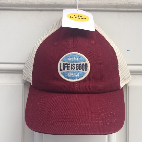 LIFE IS GOOD Trucker Hat  SnapBack Burgundy/Beige - Picture 1 of 11